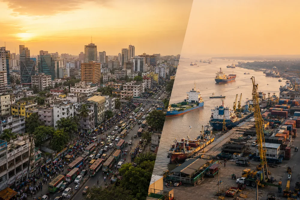 Dhaka's dense commercial skyline beside Chittagong's container port with cargo ships