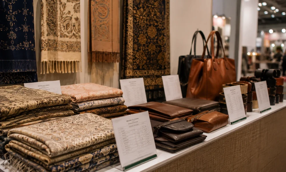 Pakistani export products displayed at a trade exhibition booth for international buyers