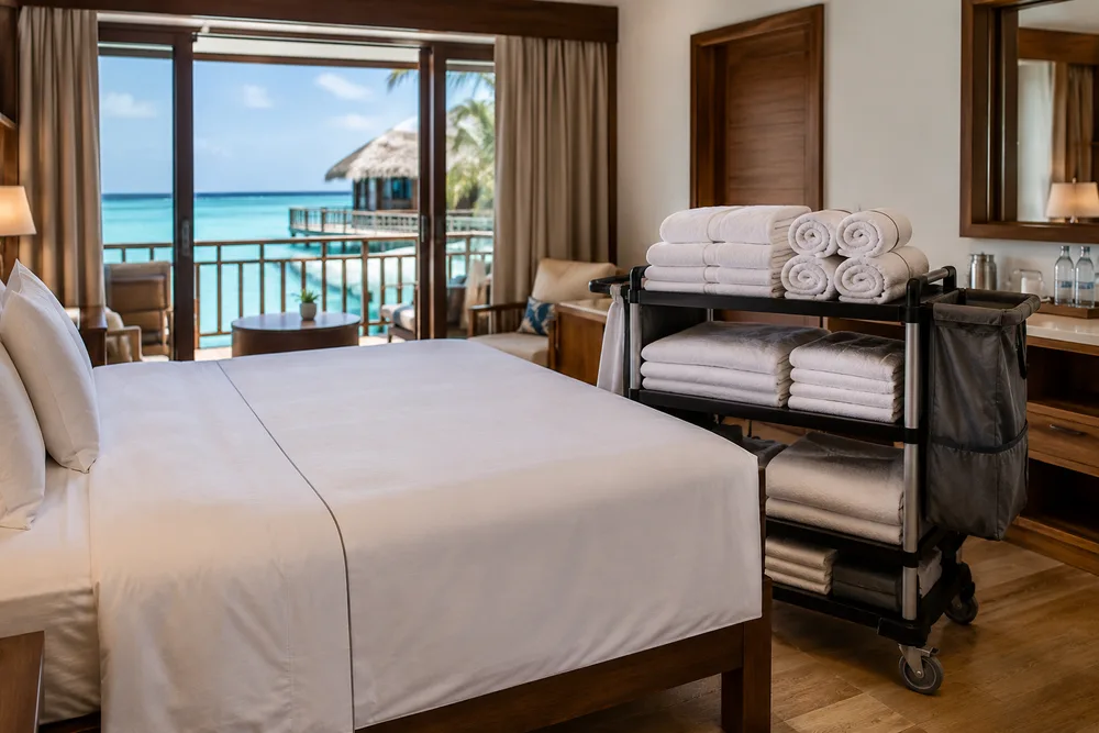 Housekeeping cart stacked with white towels and bed linens in a Maldivian resort room overlooking the ocean