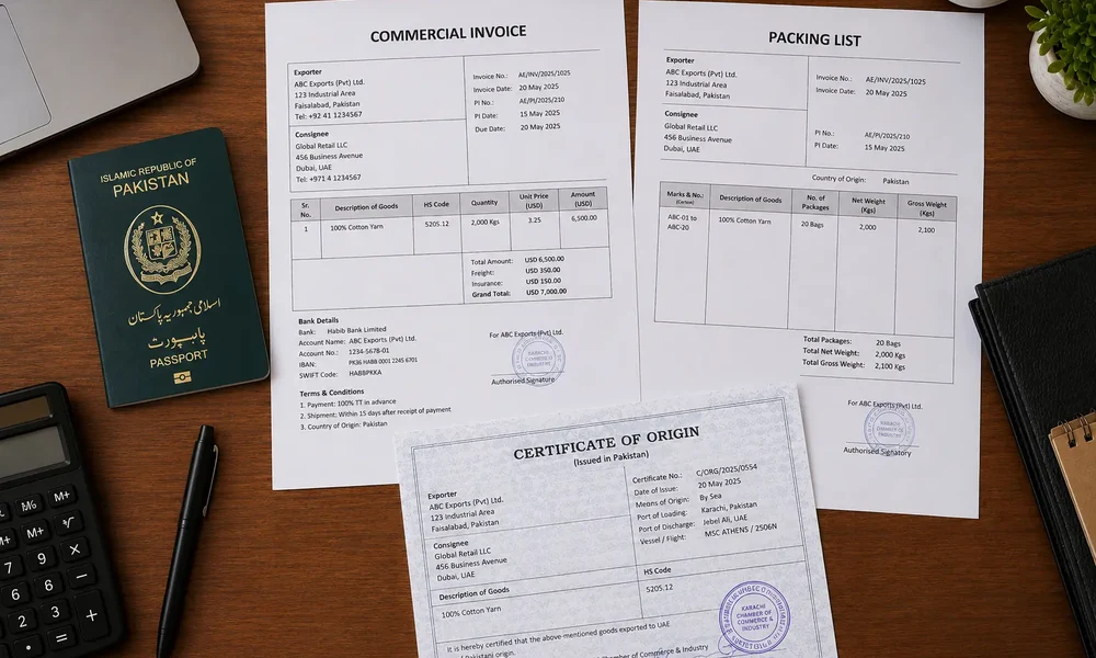 Flat-lay of Pakistani export documents including commercial invoice, packing list, and certificate of origin