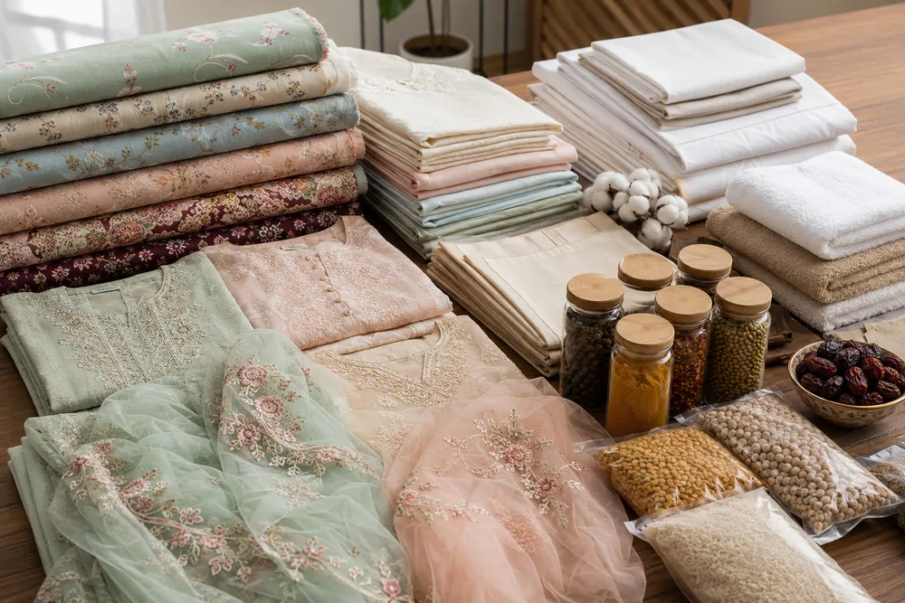 Pakistani export products for Bangladesh — embroidered lawn suits, cotton fabrics, home textiles, and packaged food