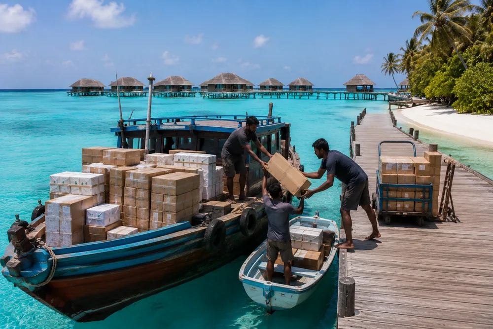 Supply boat loaded with boxed goods being unloaded at a Maldivian island jetty near a resort
