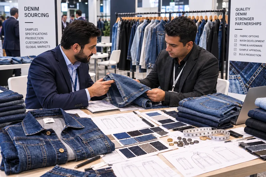 Buyer discussing apparel samples with a manufacturer at a trade exhibition