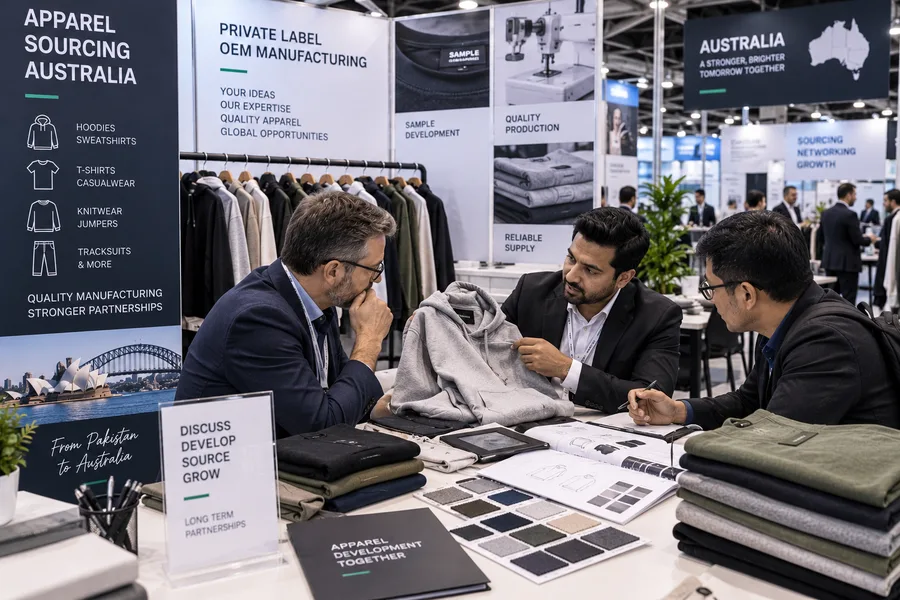 Buyer and supplier discussing apparel samples at an Australian sourcing exhibition
