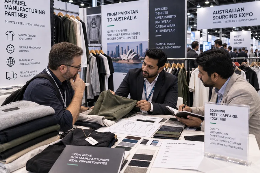 Buyer discussing apparel samples and manufacturing requirements with a supplier at a sourcing exhibition
