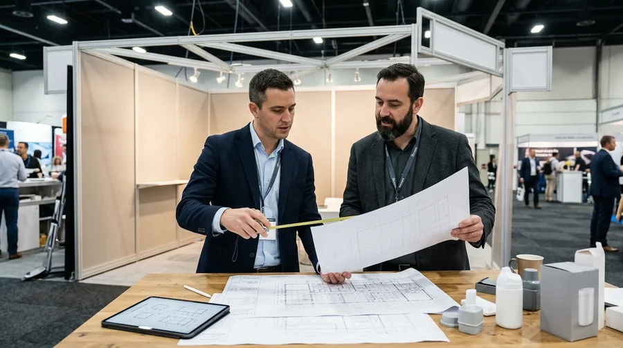 Exhibitors reviewing a booth floor plan and layout