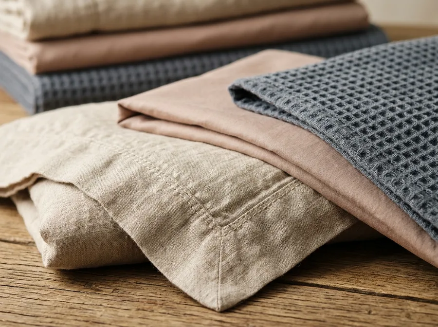 Close-up detail of bedding and home textile weave and stitching