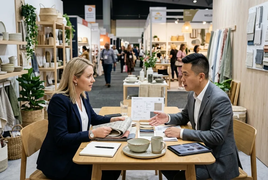 Buyer discussing homeware samples with a supplier