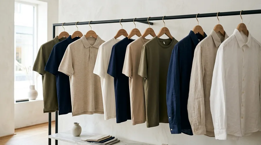 High-thread-count cotton polo shirts, crewnecks and linen shirts hanging on wooden hangers