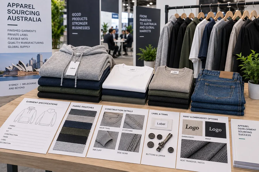 Denim jeans and jackets displayed for apparel sourcing