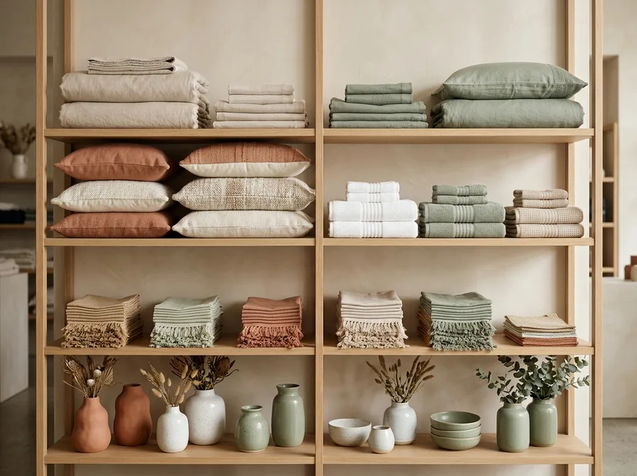 Homewares, bedding and lifestyle product range displayed on shelving