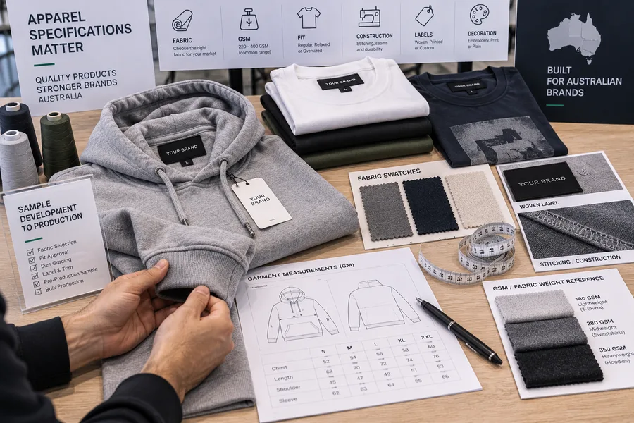 Hoodie and T-shirt samples with GSM, fit and garment specifications