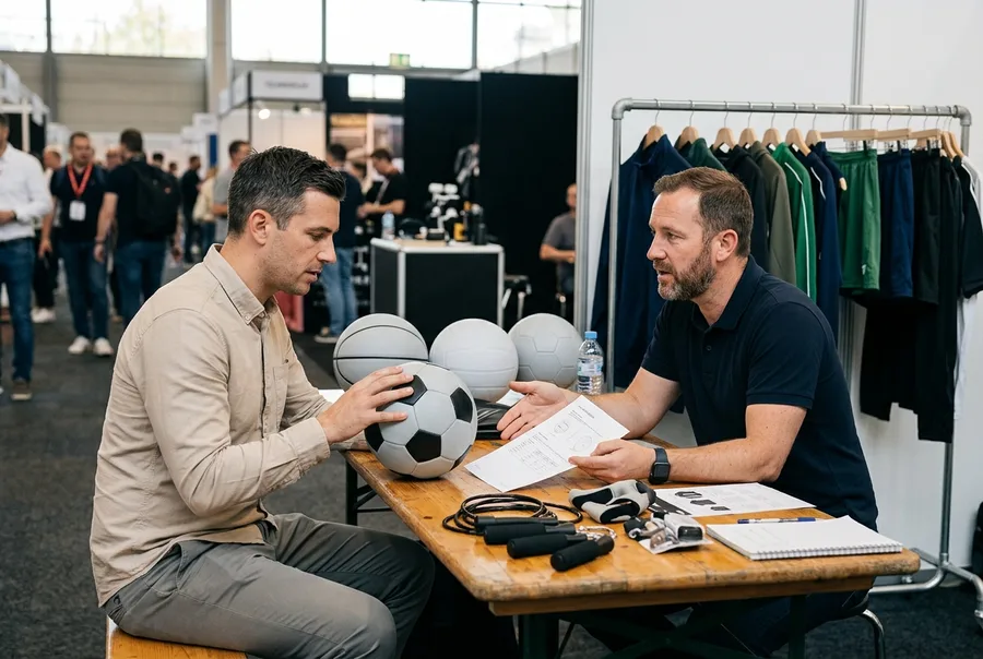 Buyer reviewing sports product specifications with a supplier
