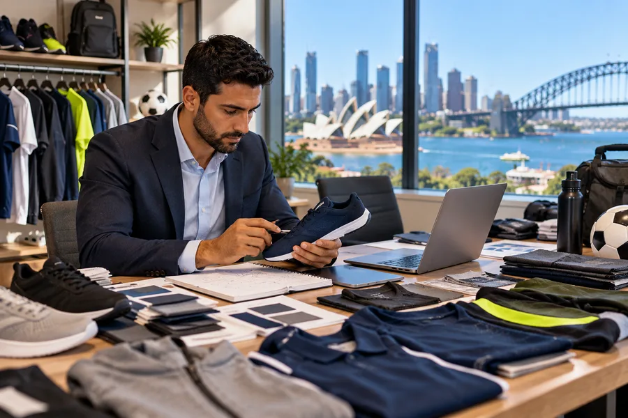 Business buyer reviewing samples and meeting requirements for a Sydney trade exhibition