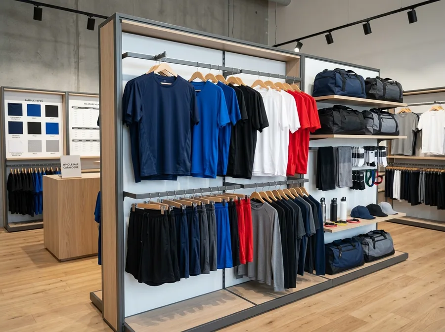 Teamwear and private-label sports apparel displayed at a sourcing exhibition