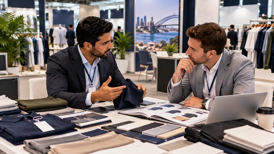 Business buyer discussing product samples with an exhibitor at a trade exhibition