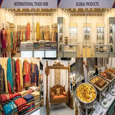 Collage of exhibition industries including textile, jewellery, wooden swings, and Pakistani food