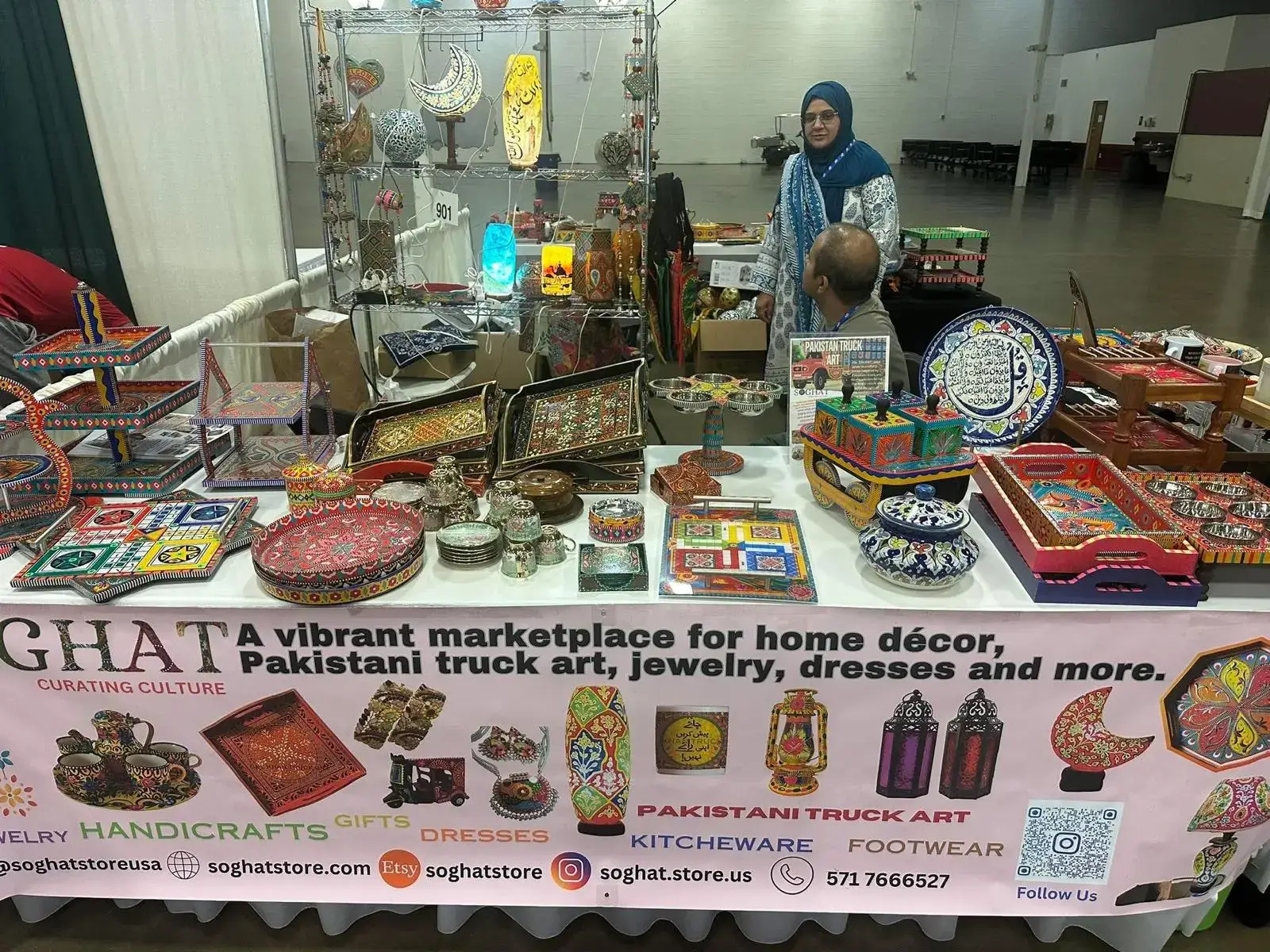 Vibrant display of Pakistani handicrafts and home decor items at the expo.